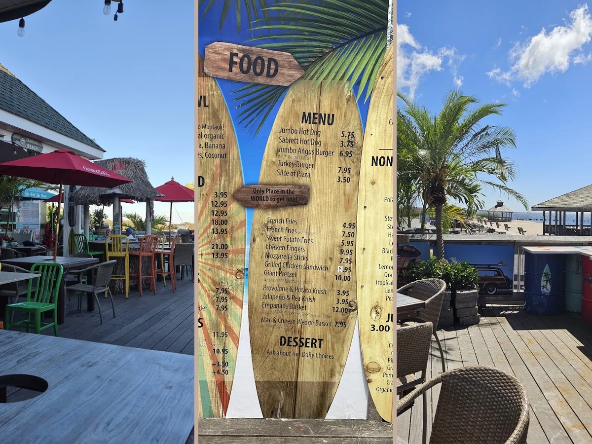 Outdoor deck tables beside the bay.