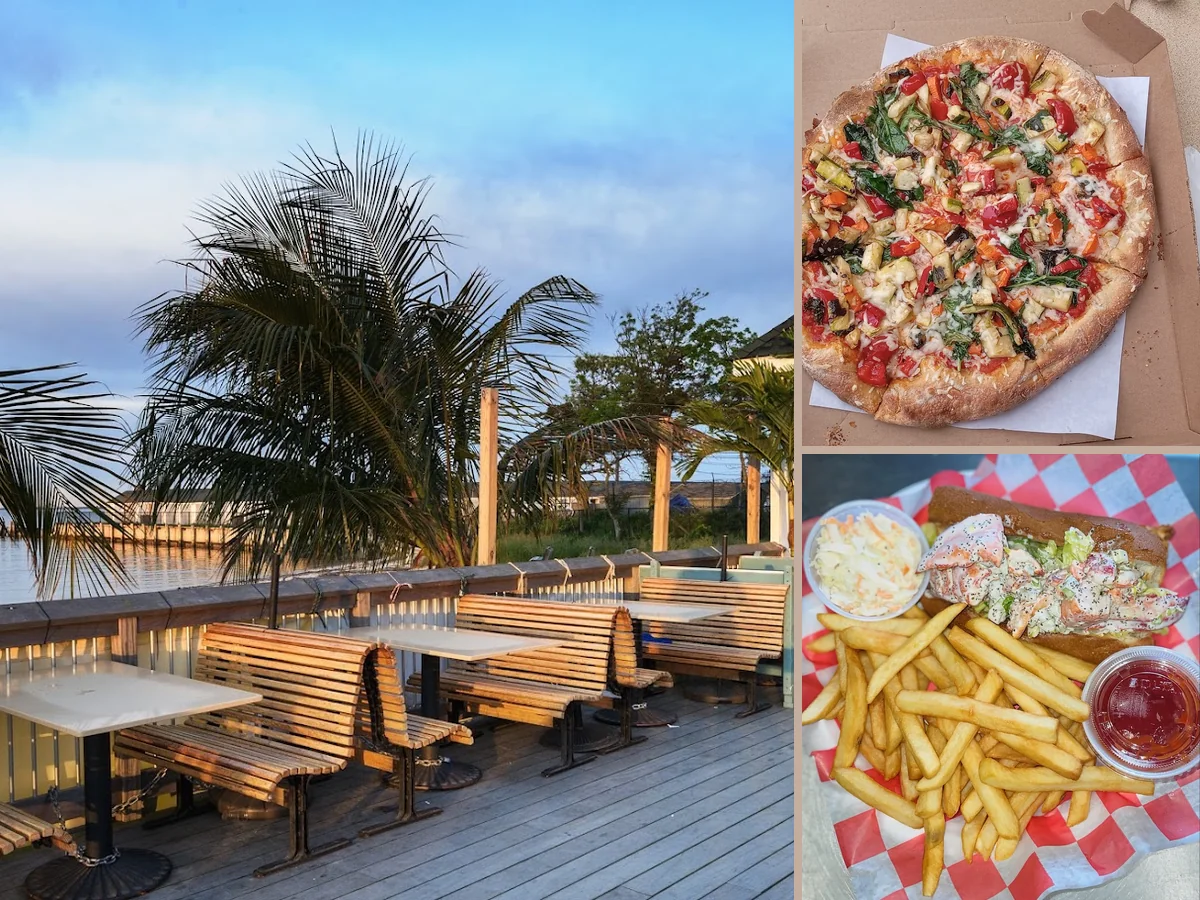Beachfront restaurant with open-air tables.